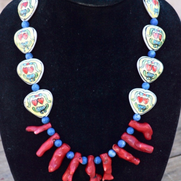Conceptual Subculture Jewelry - Red Coral Lapis Lazuli Necklace Heart Tribal Punk